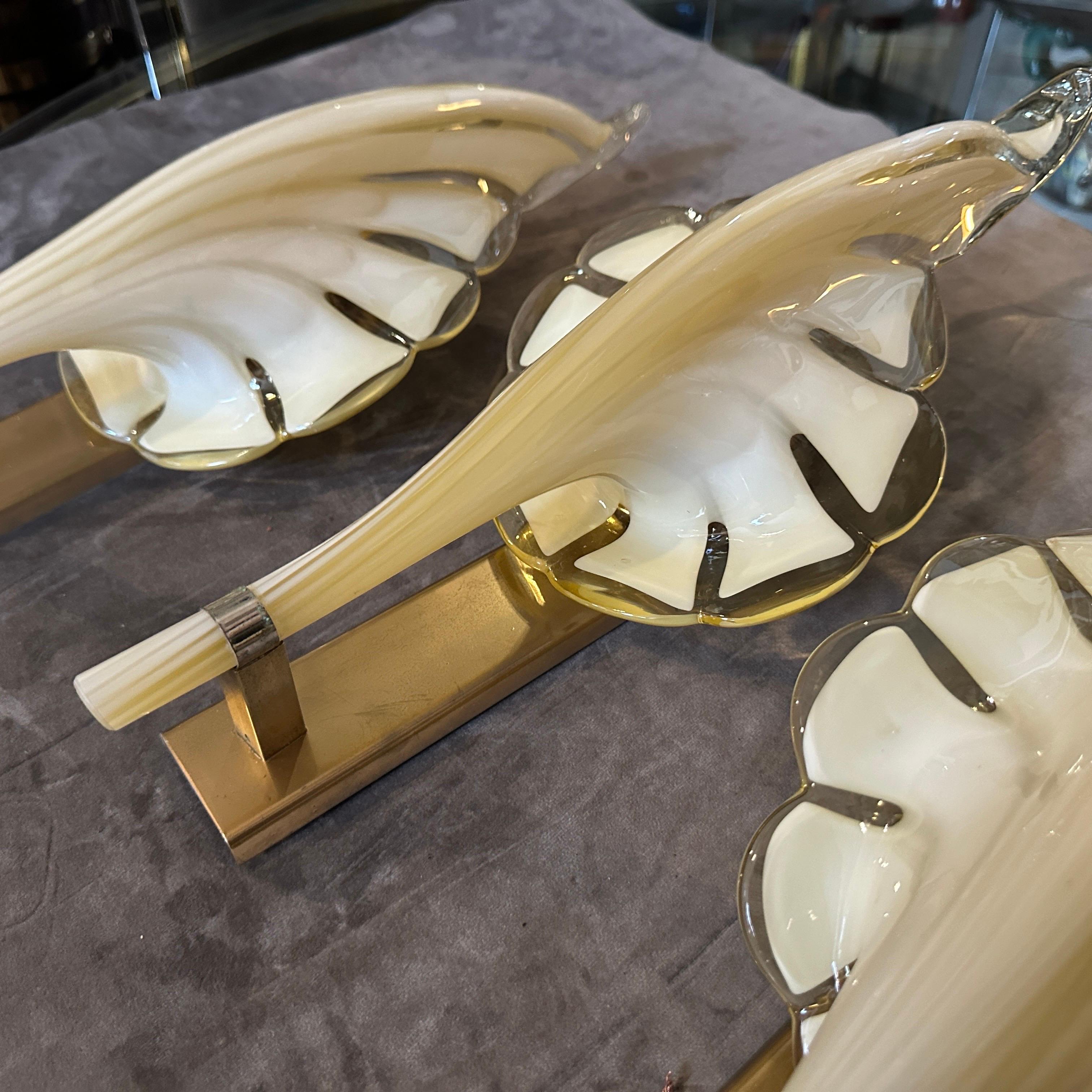 Two 1970s Mid-Century Modern Yellow Murano Glass Leaf Wall Sconce by Franco Luce For Sale 8