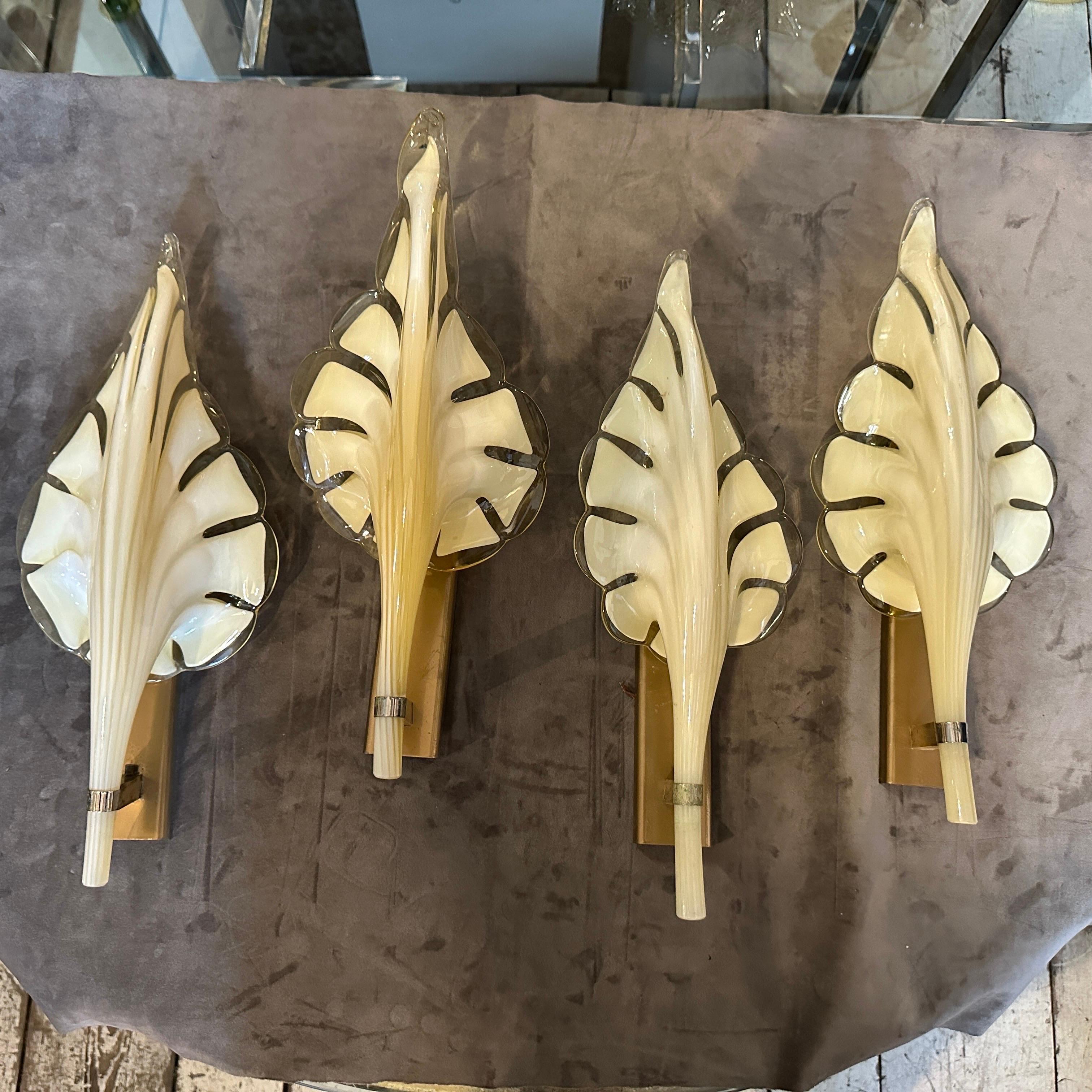 Hand-Crafted Two 1970s Mid-Century Modern Yellow Murano Glass Leaf Wall Sconce by Franco Luce For Sale
