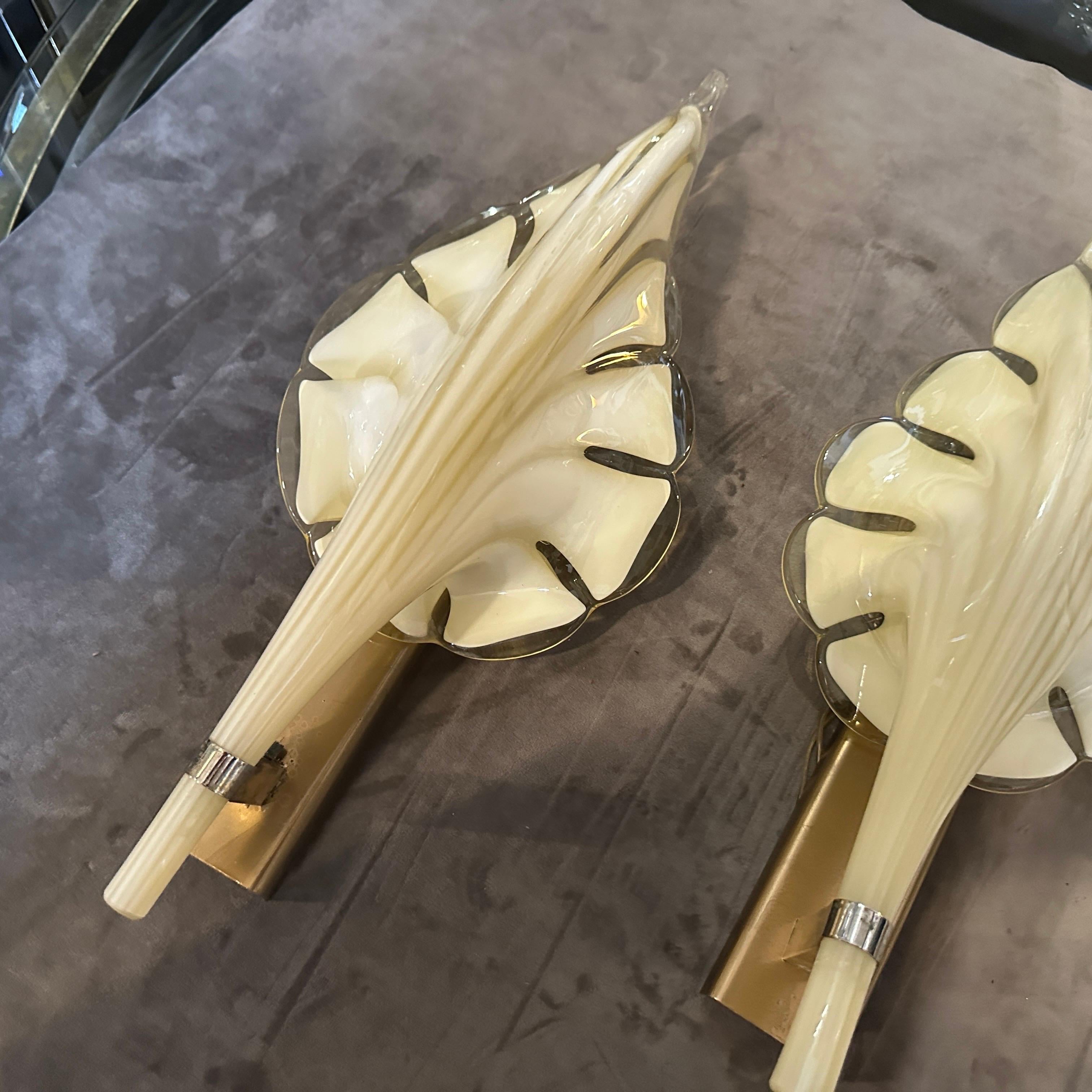 Metal Two 1970s Mid-Century Modern Yellow Murano Glass Leaf Wall Sconce by Franco Luce For Sale