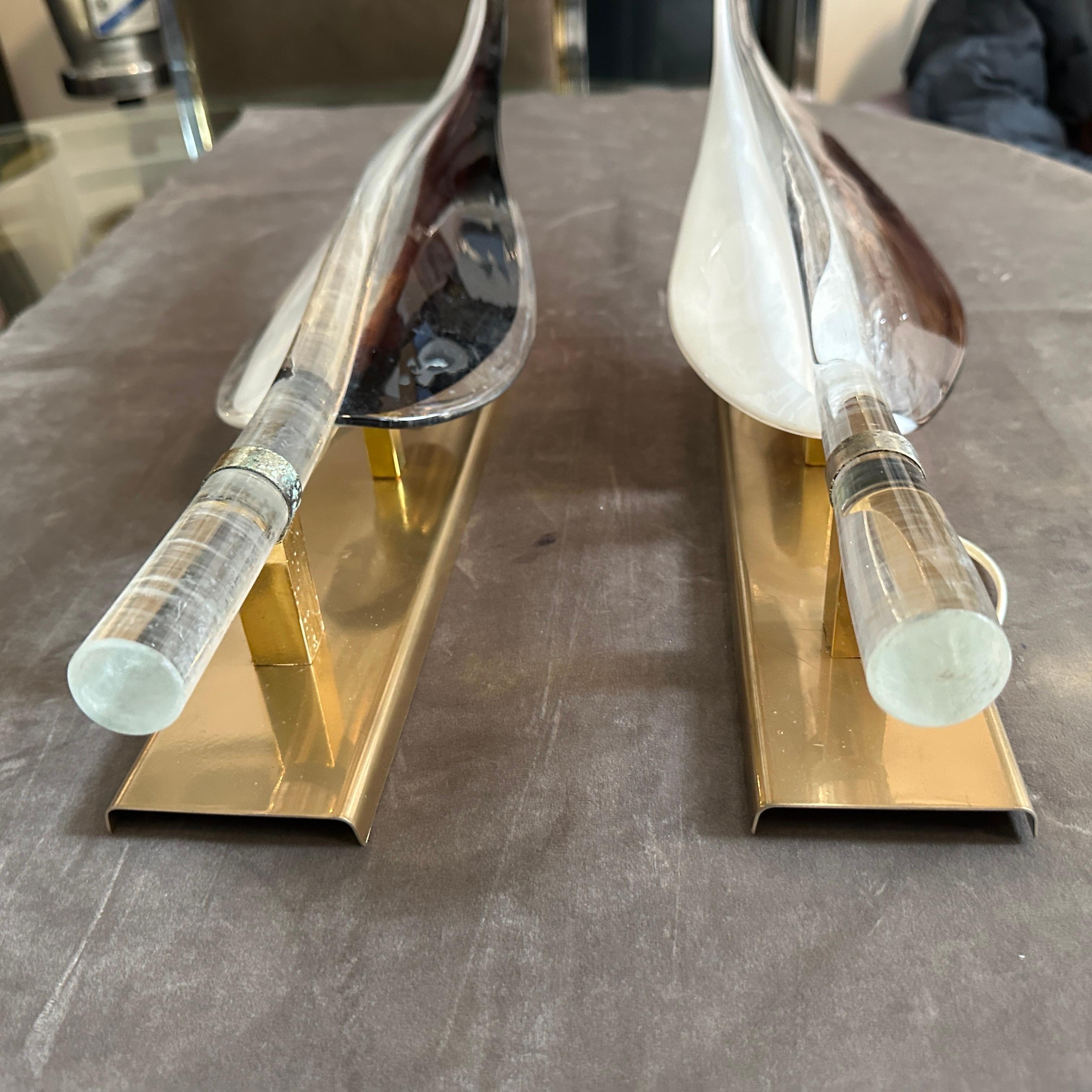 Mid-Century Modern Two 1970s Modern White and Purple Murano Glass Wall Sconces by F. Luce For Sale