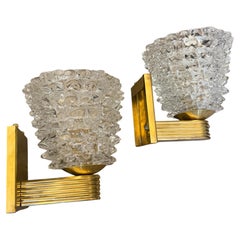 Two 1980 Barovier Style Mid-Century Modern Brass and Rostrato Glass Wall Sconces
