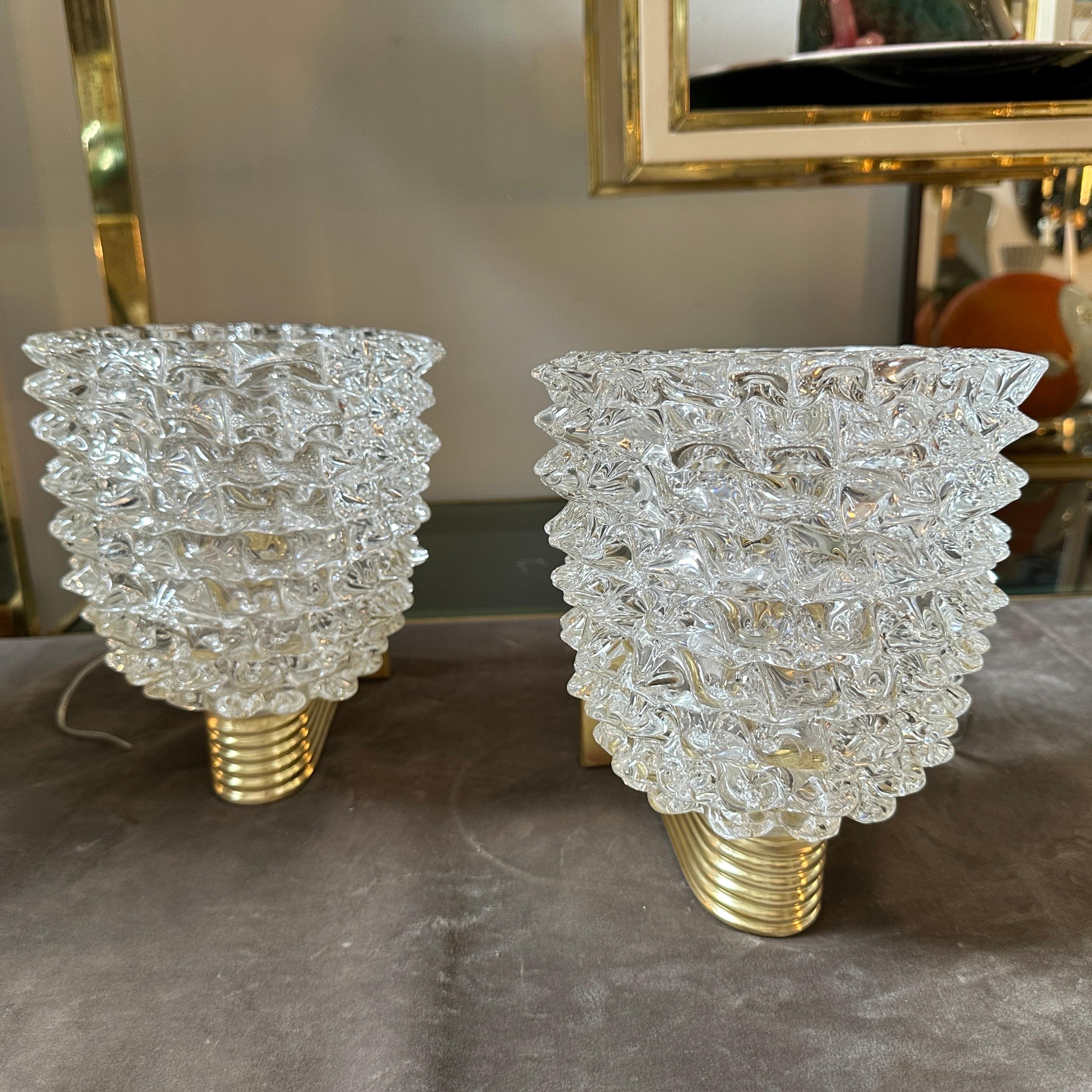 20th Century Two 1980 Barovier Style Mid-Century Modern Brass and Rostrato Glass Wall Sconces For Sale