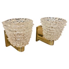 Two 1980 Barovier Style Mid-Century Modern Brass and Rostrato Glass Wall Sconces