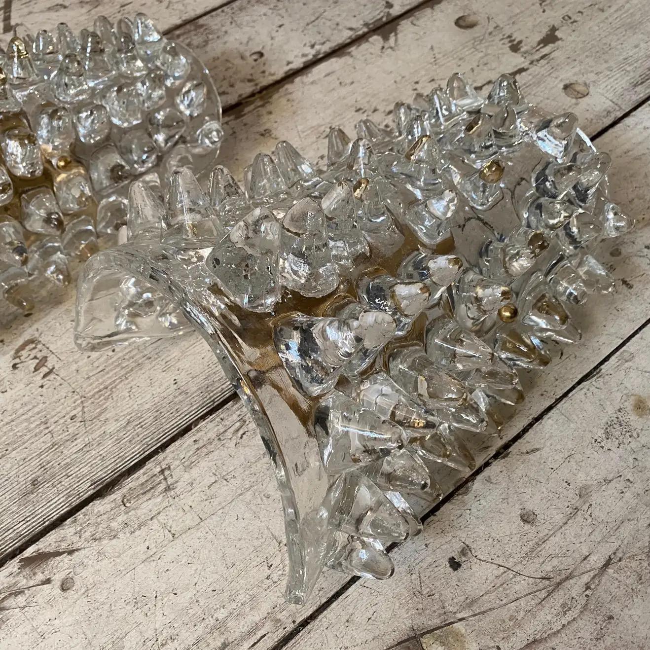 Hand-Crafted Two 1980s Mid-Century Modern Barovier Style Rostrato Murano Glass Wall Sconces
