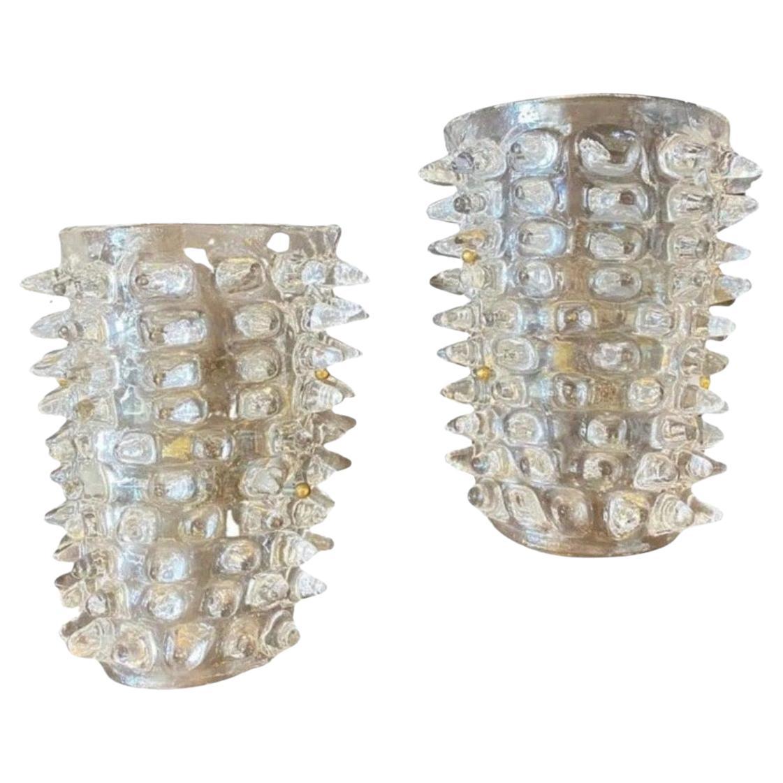 Two 1980s Mid-Century Modern Barovier Style Rostrato Murano Glass Wall Sconces