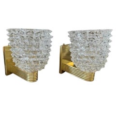 Two 1990 Barovier Style Mid-Century Modern Brass and Rostrato Glass Wall Sconces