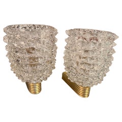 Two 1990 Barovier Style Mid-Century Modern Brass and Rostrato Glass Wall Sconces