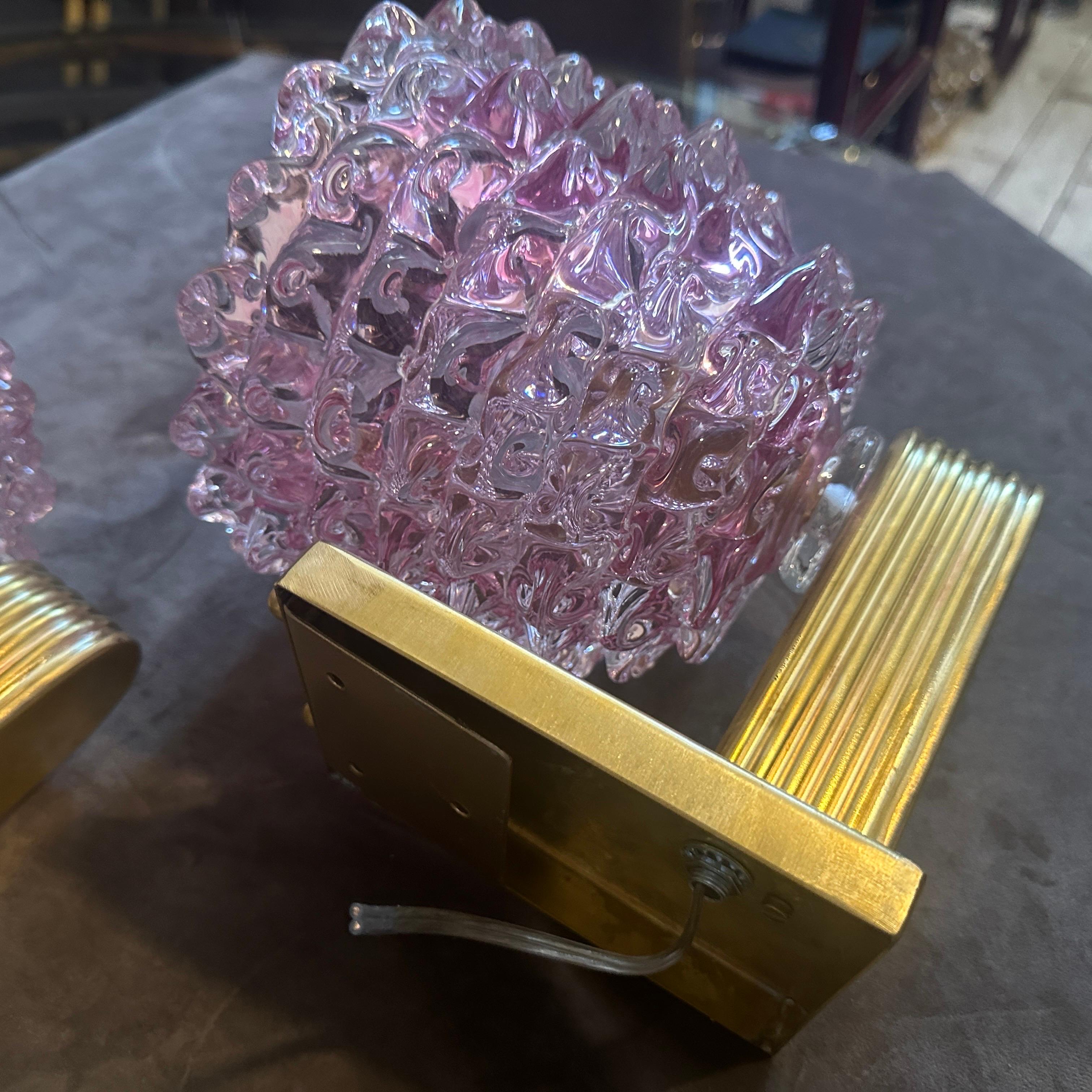 Dos Apliques de Cristal de Murano Rostrato Rosa Estilo Barovier Art Decó de los años 90 en venta 9