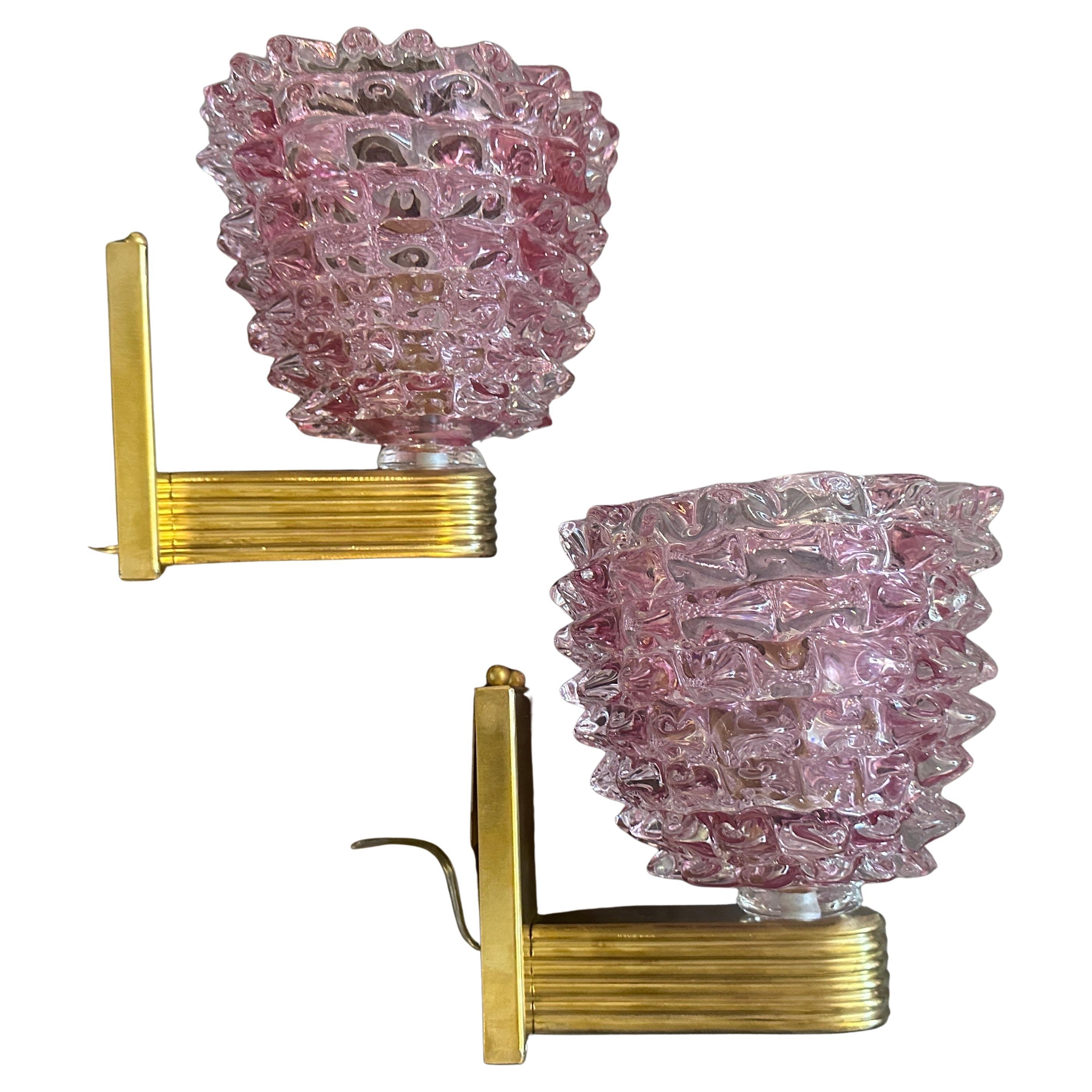 Dos Apliques de Cristal de Murano Rostrato Rosa Estilo Barovier Art Decó de los años 90