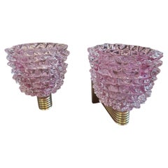 Two 1990s Barovier Style Art Deco Rostrato Pink Murano Glass Wall Sconces