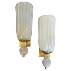 Zwei 1990er Barovier Stil Mid-Century Modern Messing und Murano Glas Wandleuchten