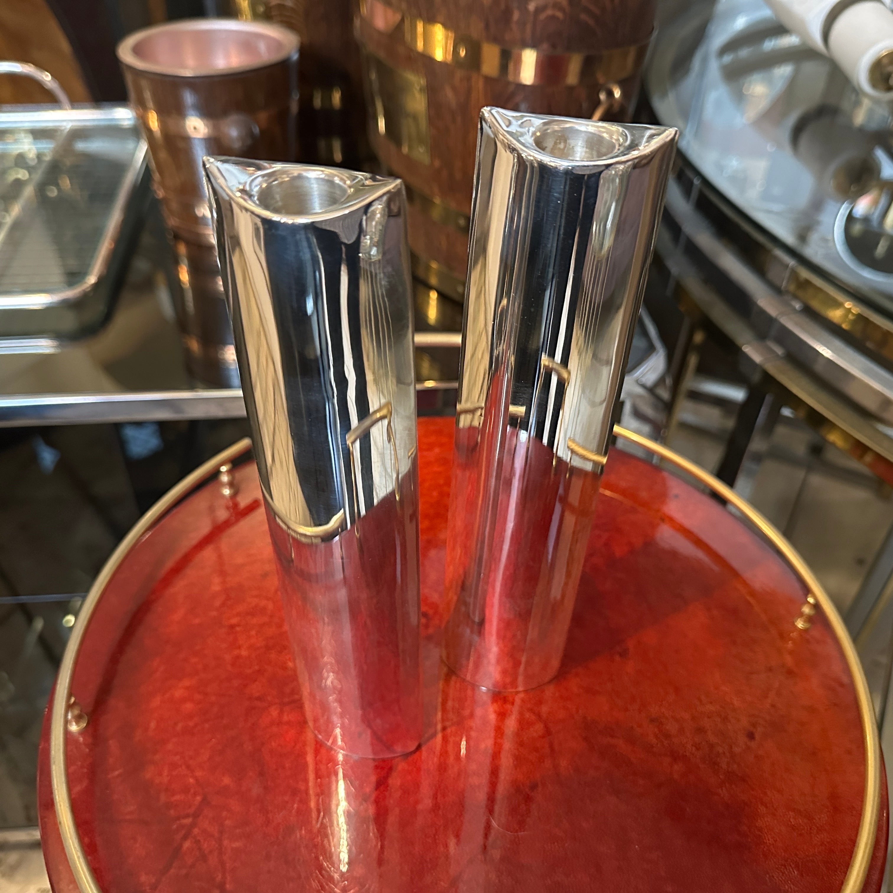 Italian Two 1990s Lino Sabattini Style Minimalist Silver Plated Candlesticks by Sia