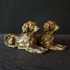 Two 19th Century English Cast Brass Hunting Dog Fenders Golden Retriever Statues
