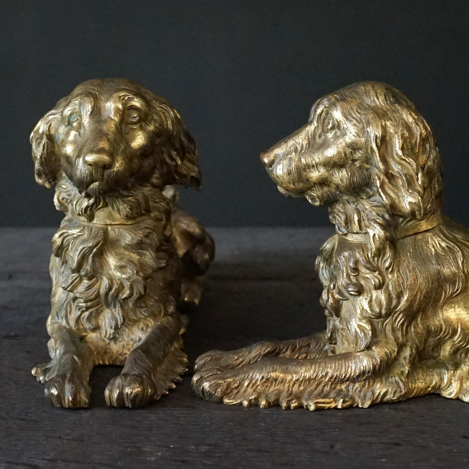 Victorian Two 19th Century English Cast Brass Hunting Dog Fenders Golden Retriever Statues