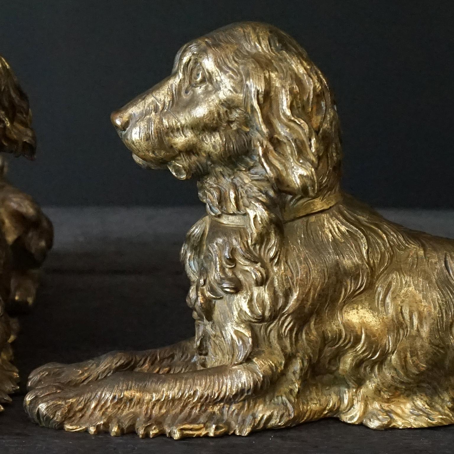British Two 19th Century English Cast Brass Hunting Dog Fenders Golden Retriever Statues