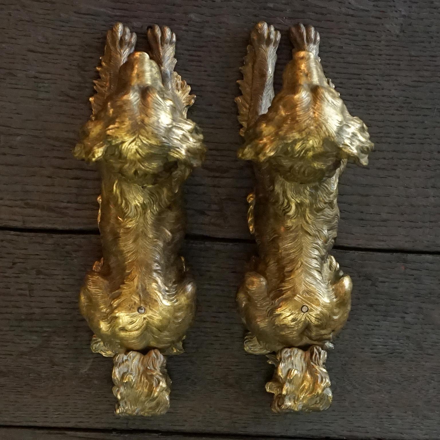 Two 19th Century English Cast Brass Hunting Dog Fenders Golden Retriever Statues 1
