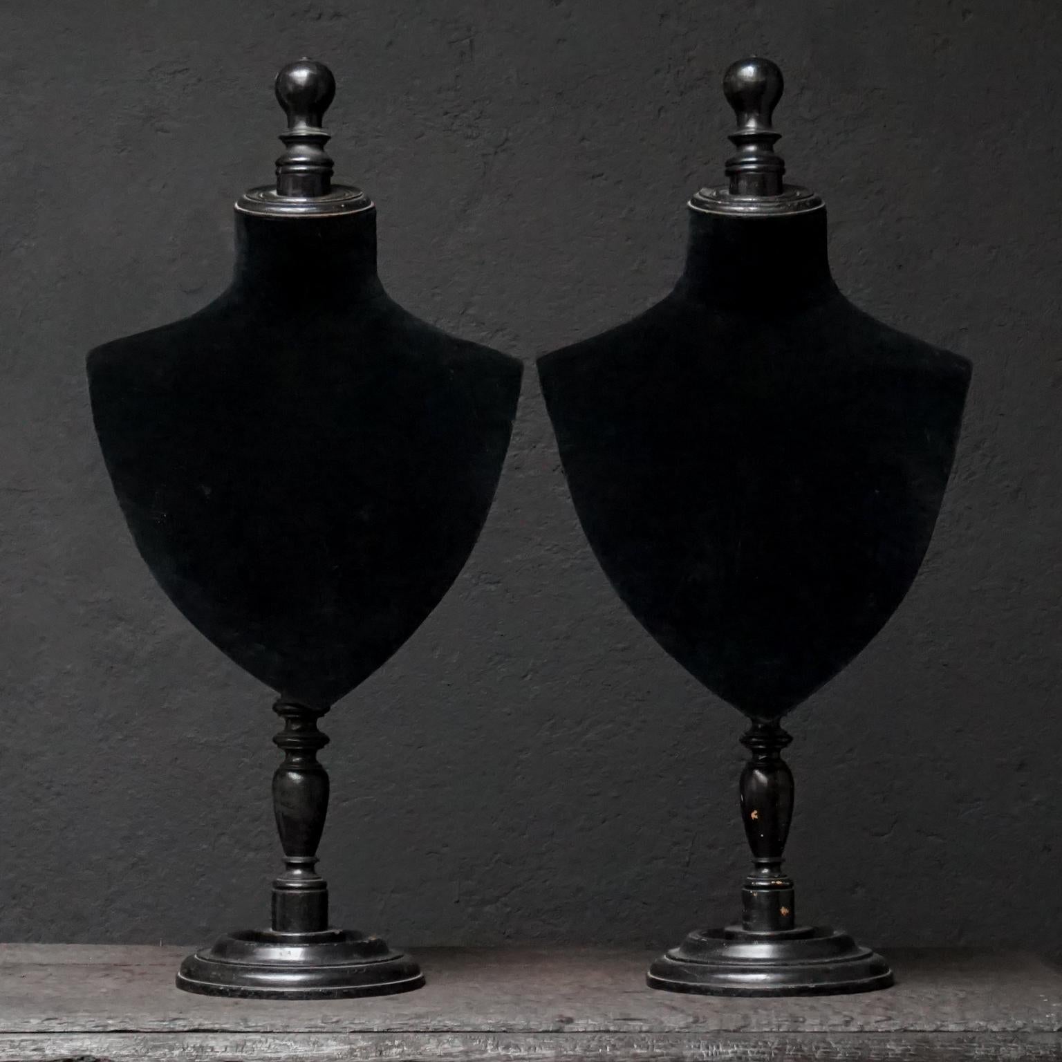 Rare set of antique jewelry display busts or dress mannequins, both made with a base and spindle made of blackened wood and papier mâché board lined with black velvet.

Beautifully handmade velvet stands for an amazing way to display a special