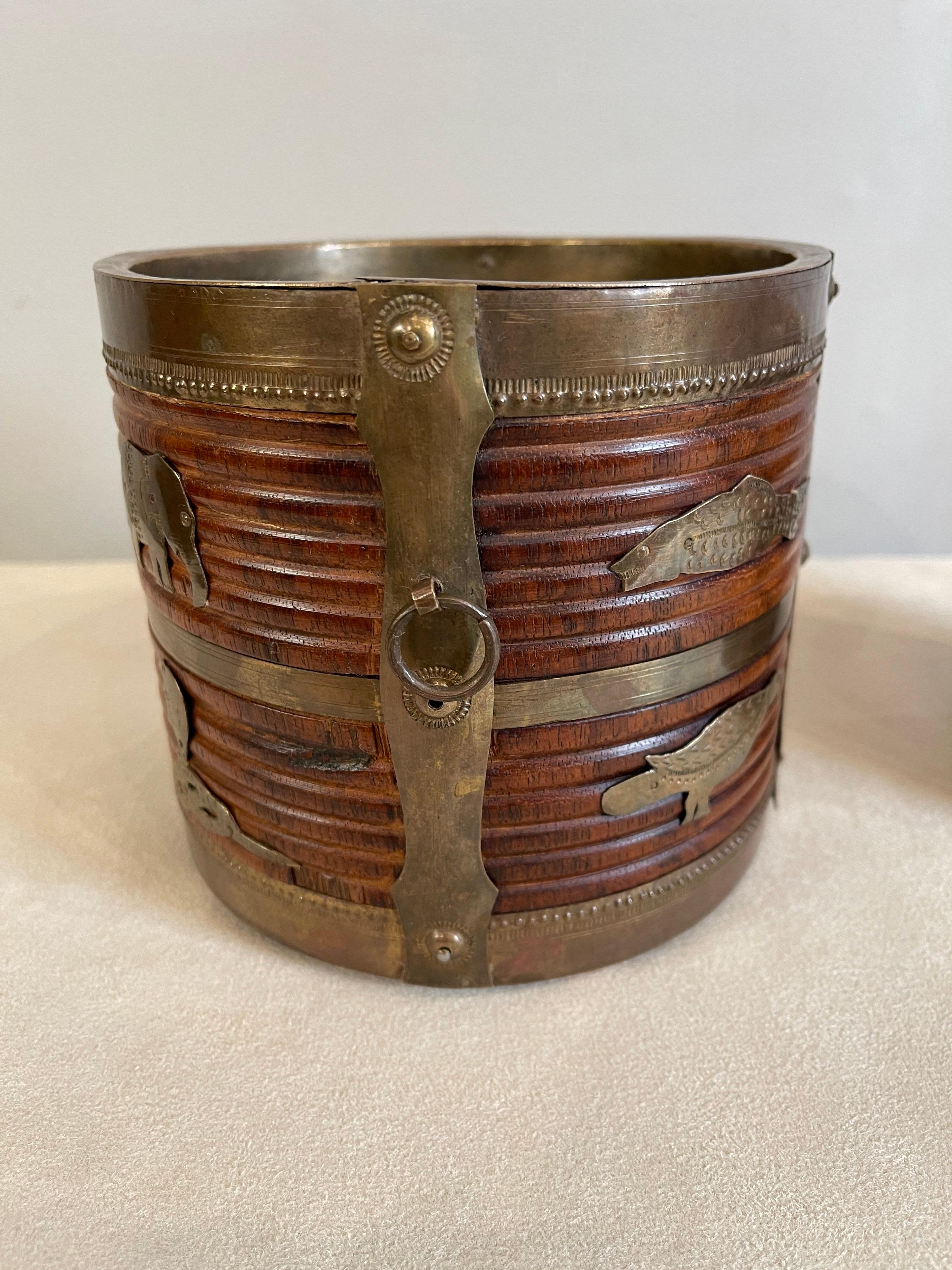 Anglo-Indian Two 19th Century Anglo Indian Brass Bound Turned Wood Peat Buckets For Sale