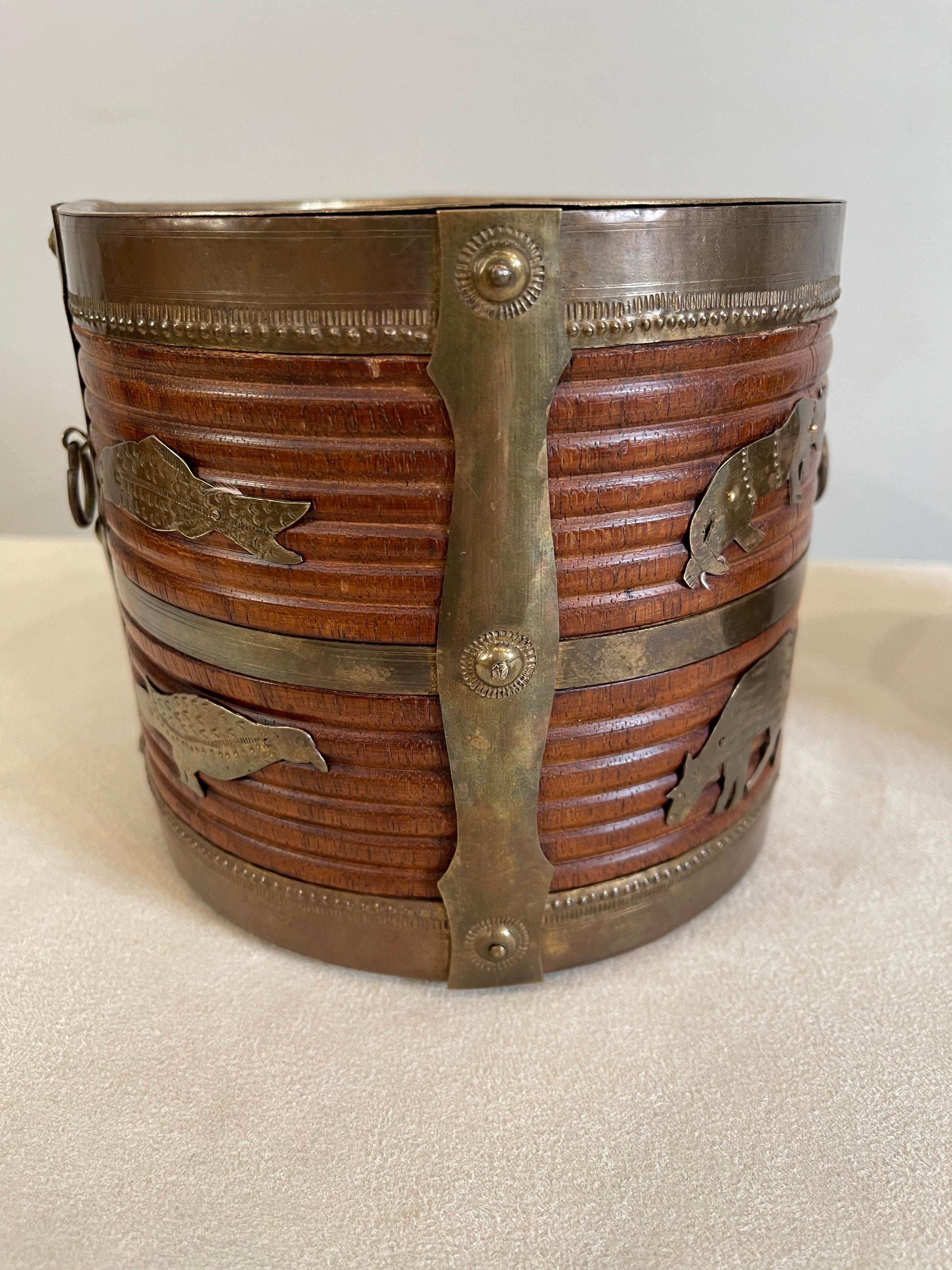 Carved Two 19th Century Anglo Indian Brass Bound Turned Wood Peat Buckets For Sale