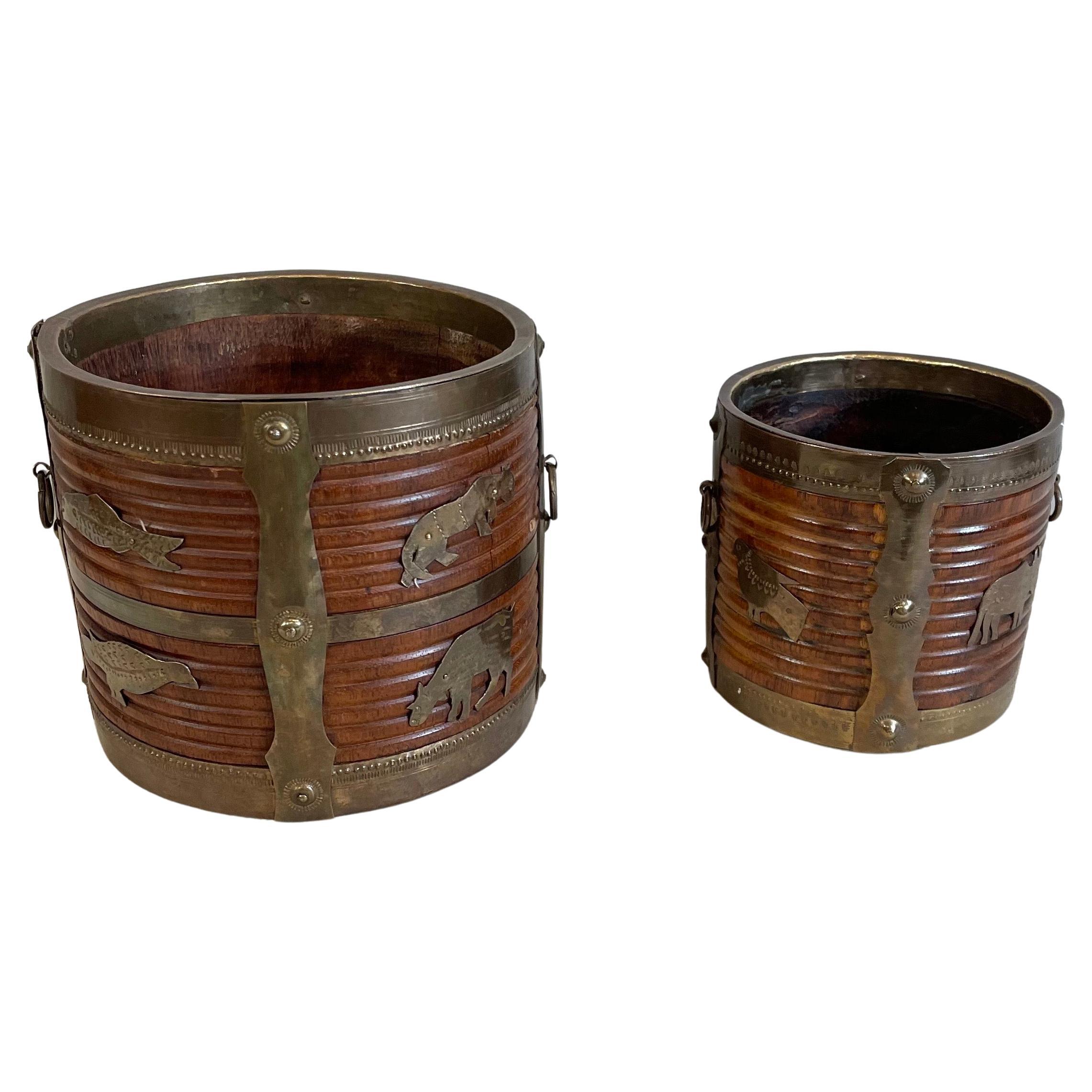 Two 19th Century Anglo Indian Brass Bound Turned Wood Peat Buckets