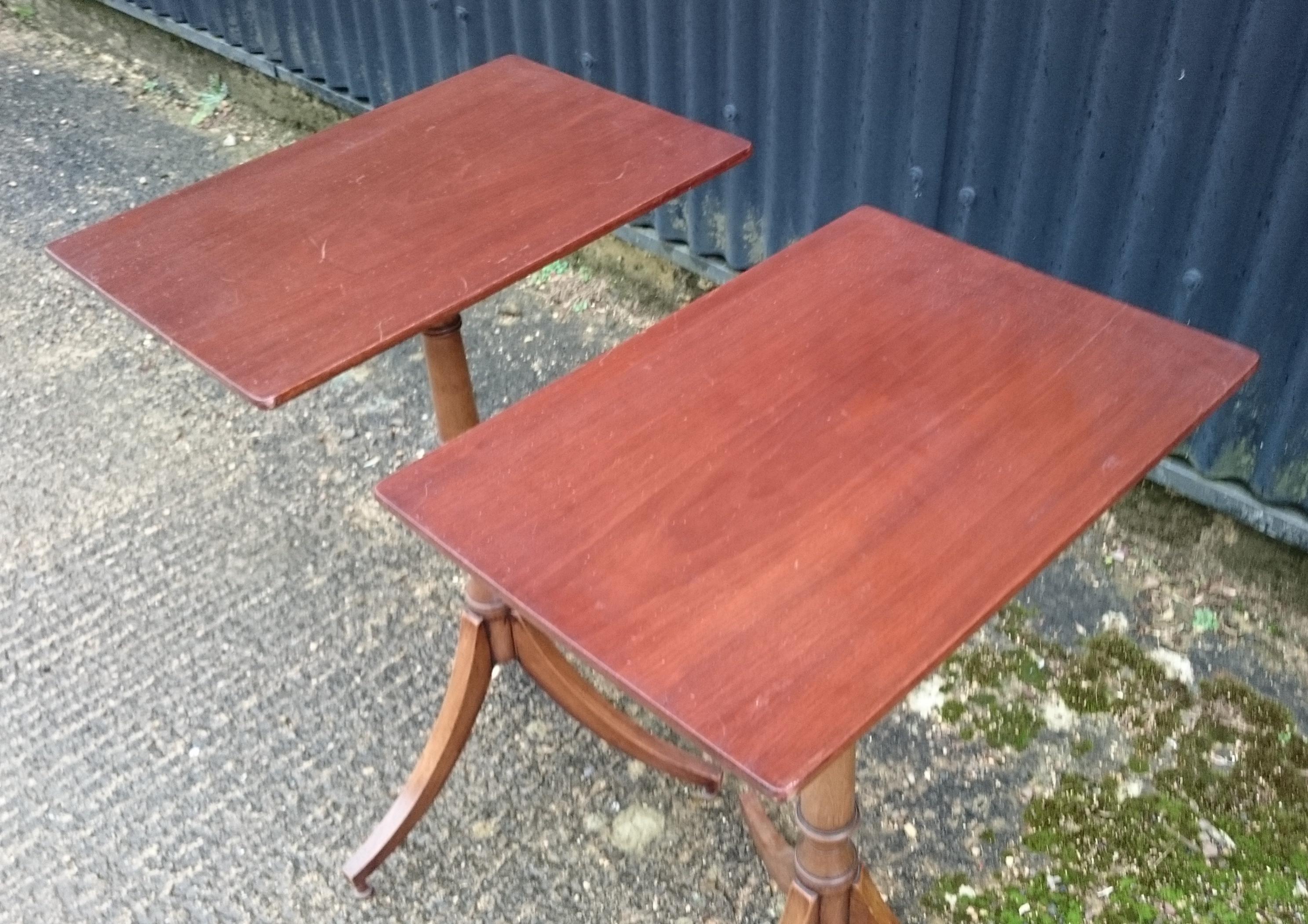 Two very elegant antique mahogany wine tables standing on outstretched tripod base with slender faux bamboo column and rectangular top. These tables can be polished with beeswax to retain the patina or alternatively they can be totally re-polished