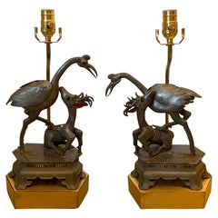 Antique Two 19th Century Chinese Pewter Figures of Crane and Deer Mounted as Lamps