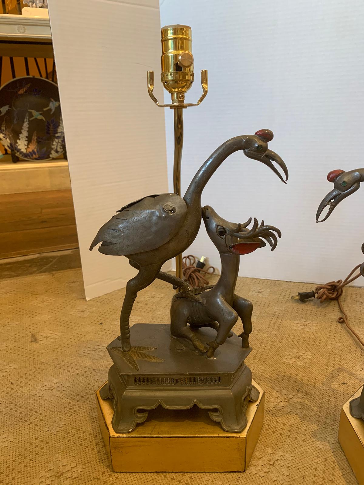 Two 19th Century Chinese Pewter Figures of Crane and Deer Mounted as Lamps For Sale 7