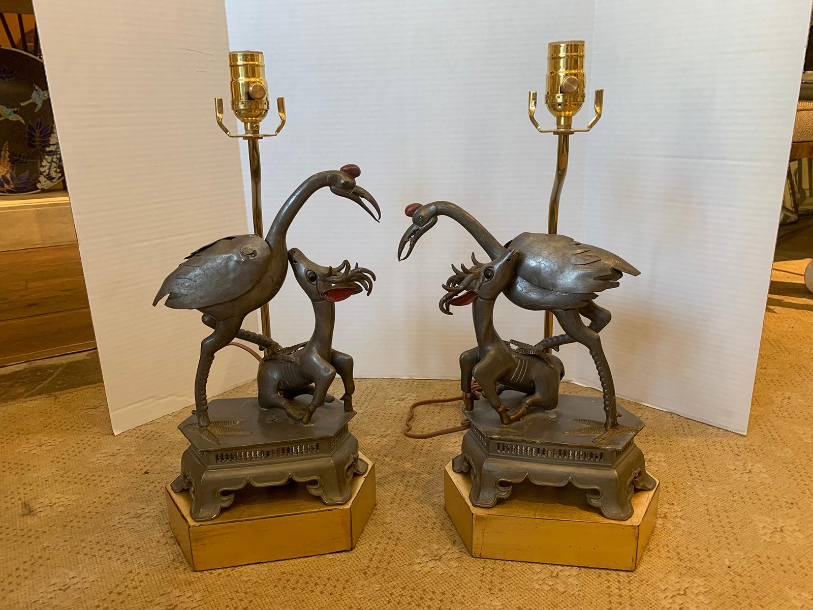 Two 19th century Chinese pewter figures of crane and deer mounted as lamps on custom giltwood bases
Assembled pair
New wiring.