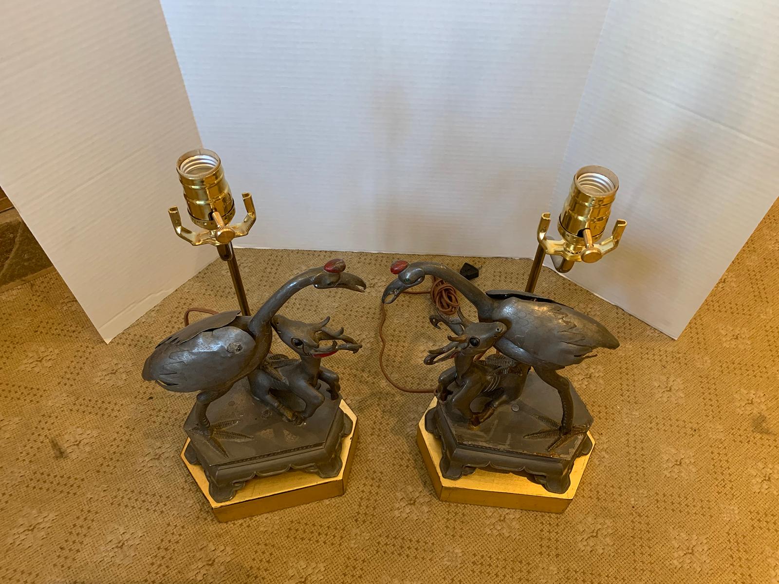 Two 19th Century Chinese Pewter Figures of Crane and Deer Mounted as Lamps In Good Condition For Sale In Atlanta, GA