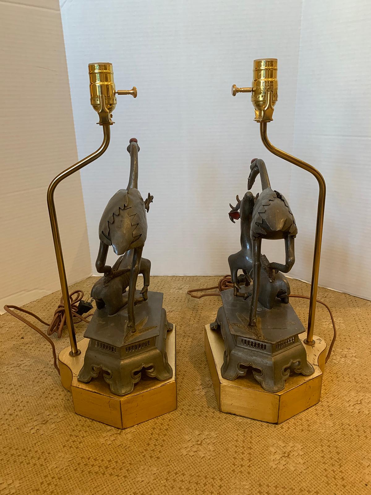 Two 19th Century Chinese Pewter Figures of Crane and Deer Mounted as Lamps For Sale 3