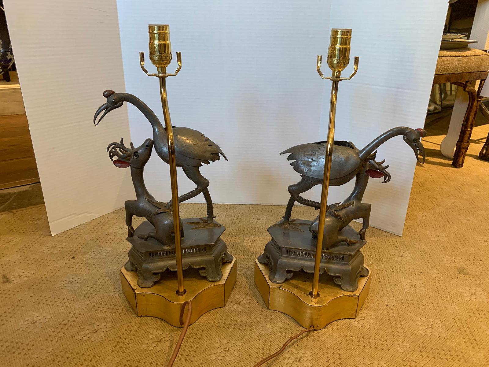 Two 19th Century Chinese Pewter Figures of Crane and Deer Mounted as Lamps For Sale 4