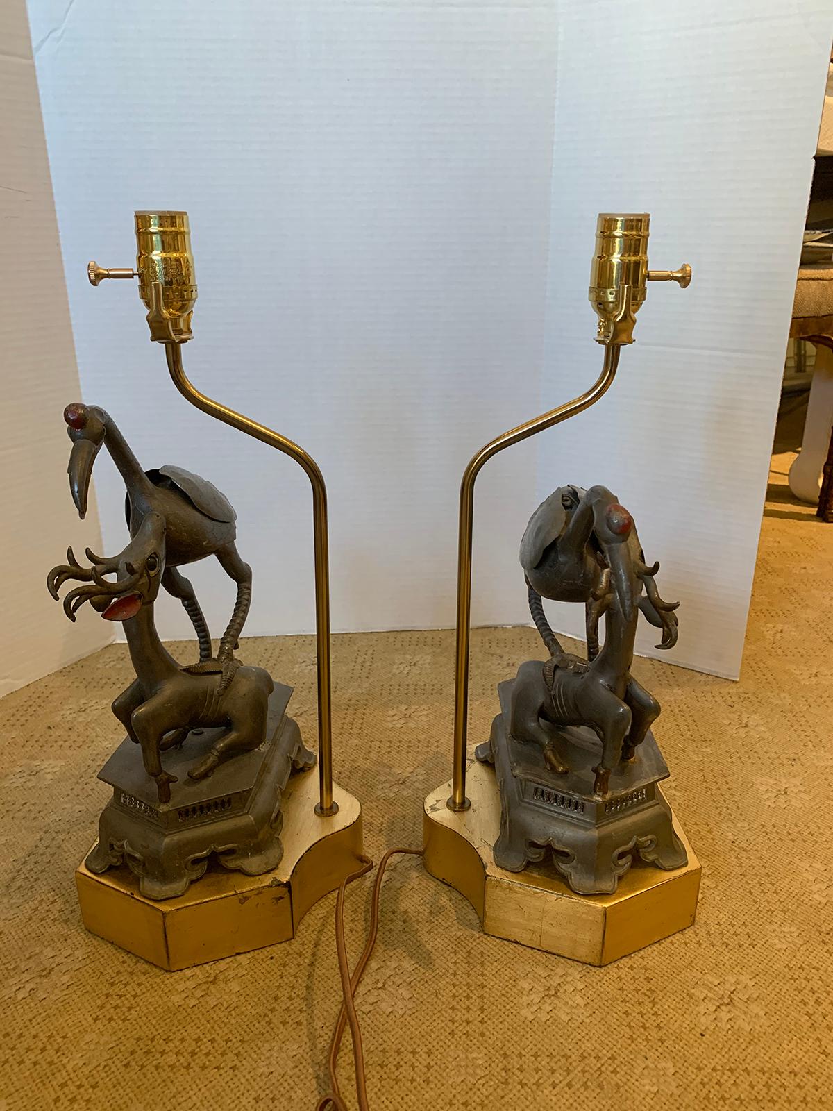 Two 19th Century Chinese Pewter Figures of Crane and Deer Mounted as Lamps For Sale 5