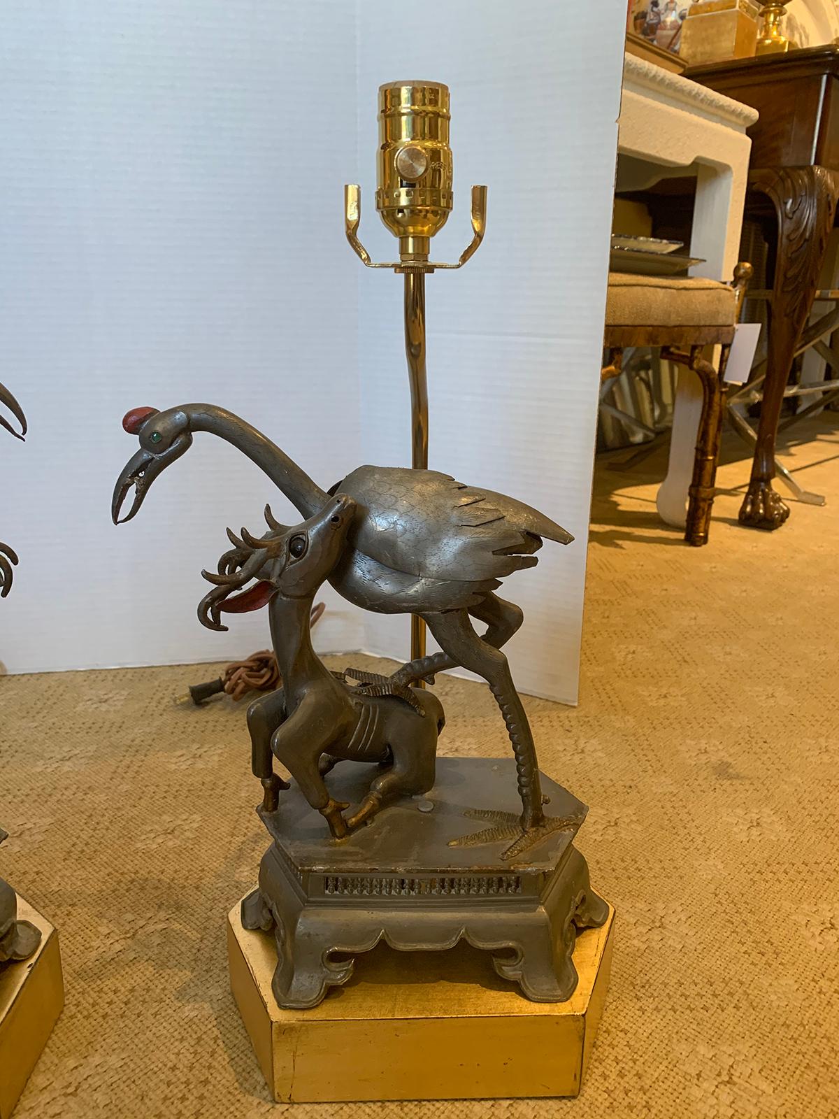 Two 19th Century Chinese Pewter Figures of Crane and Deer Mounted as Lamps For Sale 6