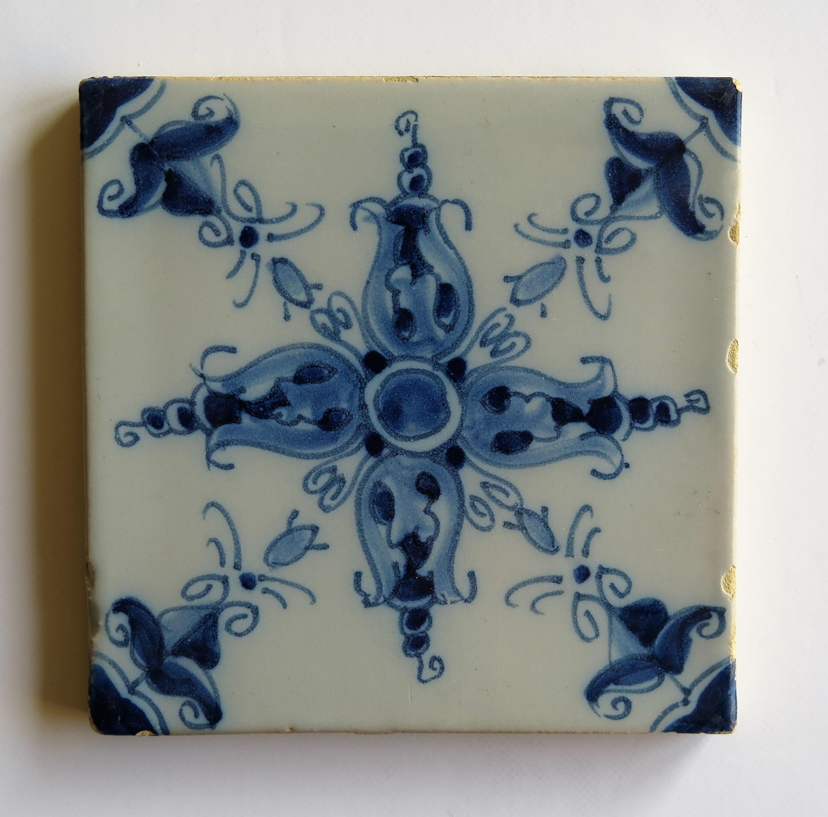 Two 19th Century Dutch Delft Ceramic Wall Tiles Hand Painted Floral Patterns 6