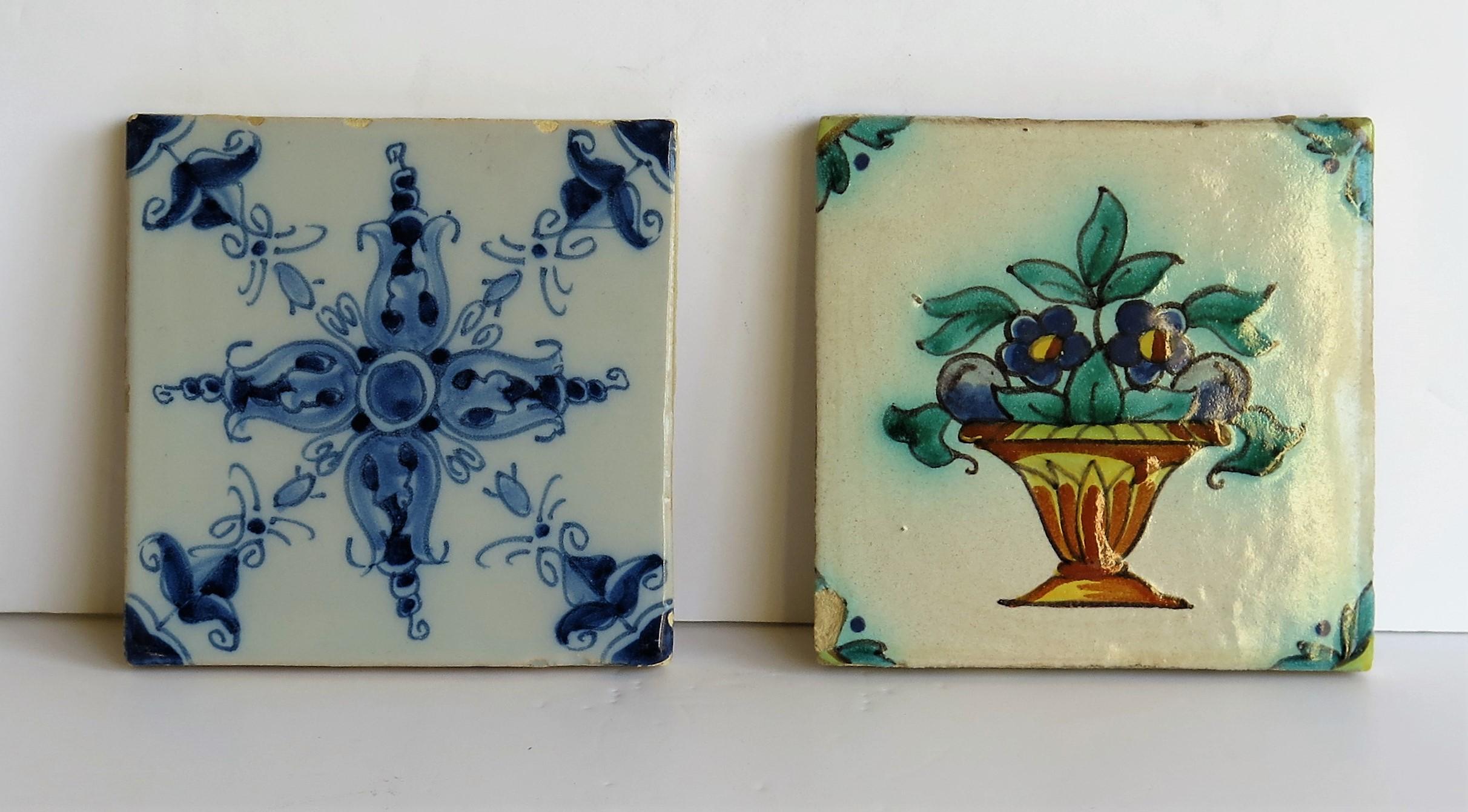 These are two attractive Dutch (Netherlands), Delft ceramic wall tiles, which we date to the 19th century, circa 1870.

The tiles are nominally 4 inches square and over 5/16 inches thick. 

Tile 1 - Blue and white
This is probably the oldest