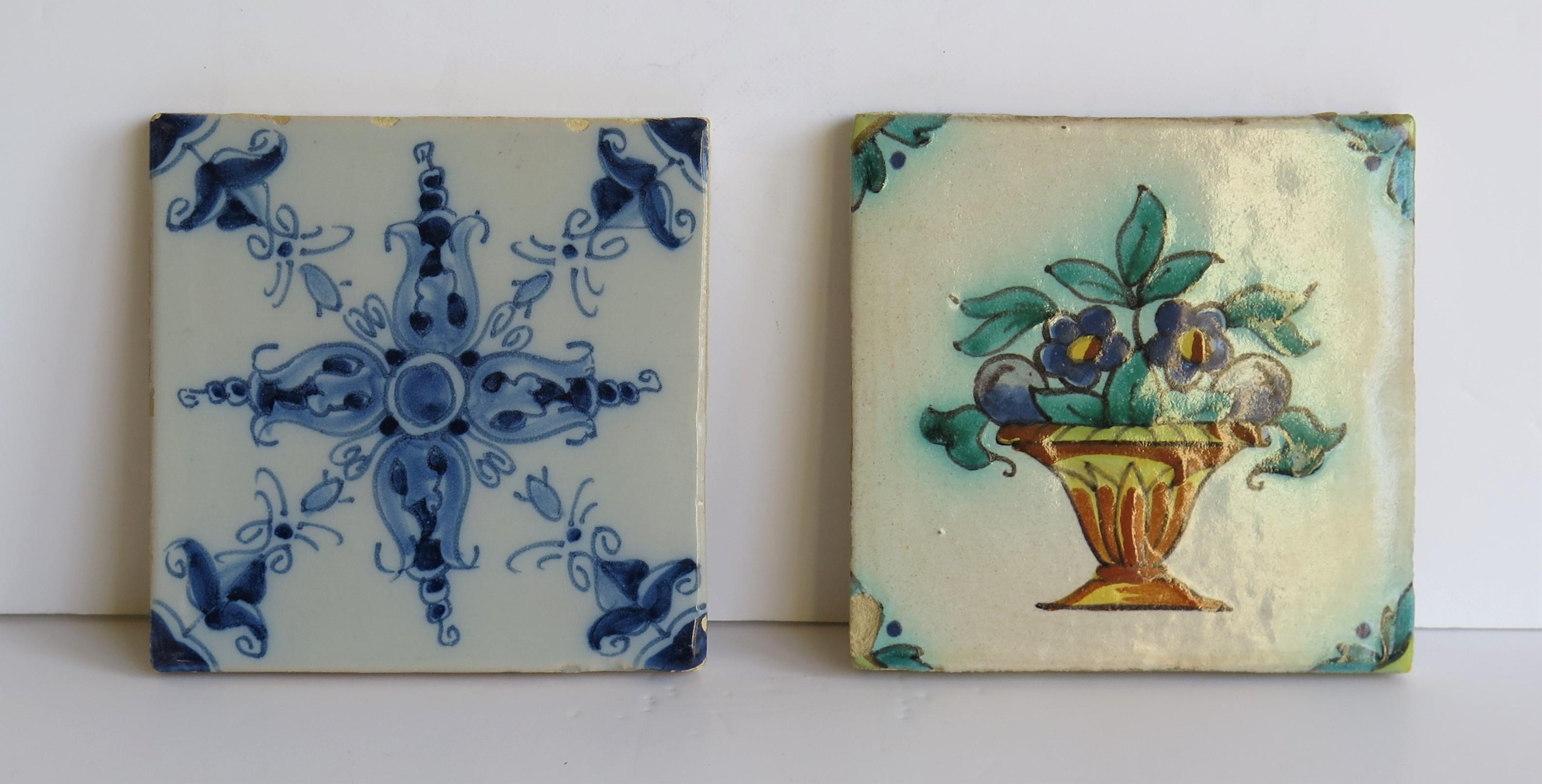Dutch Colonial Two 19th Century Dutch Delft Ceramic Wall Tiles Hand Painted Floral Patterns