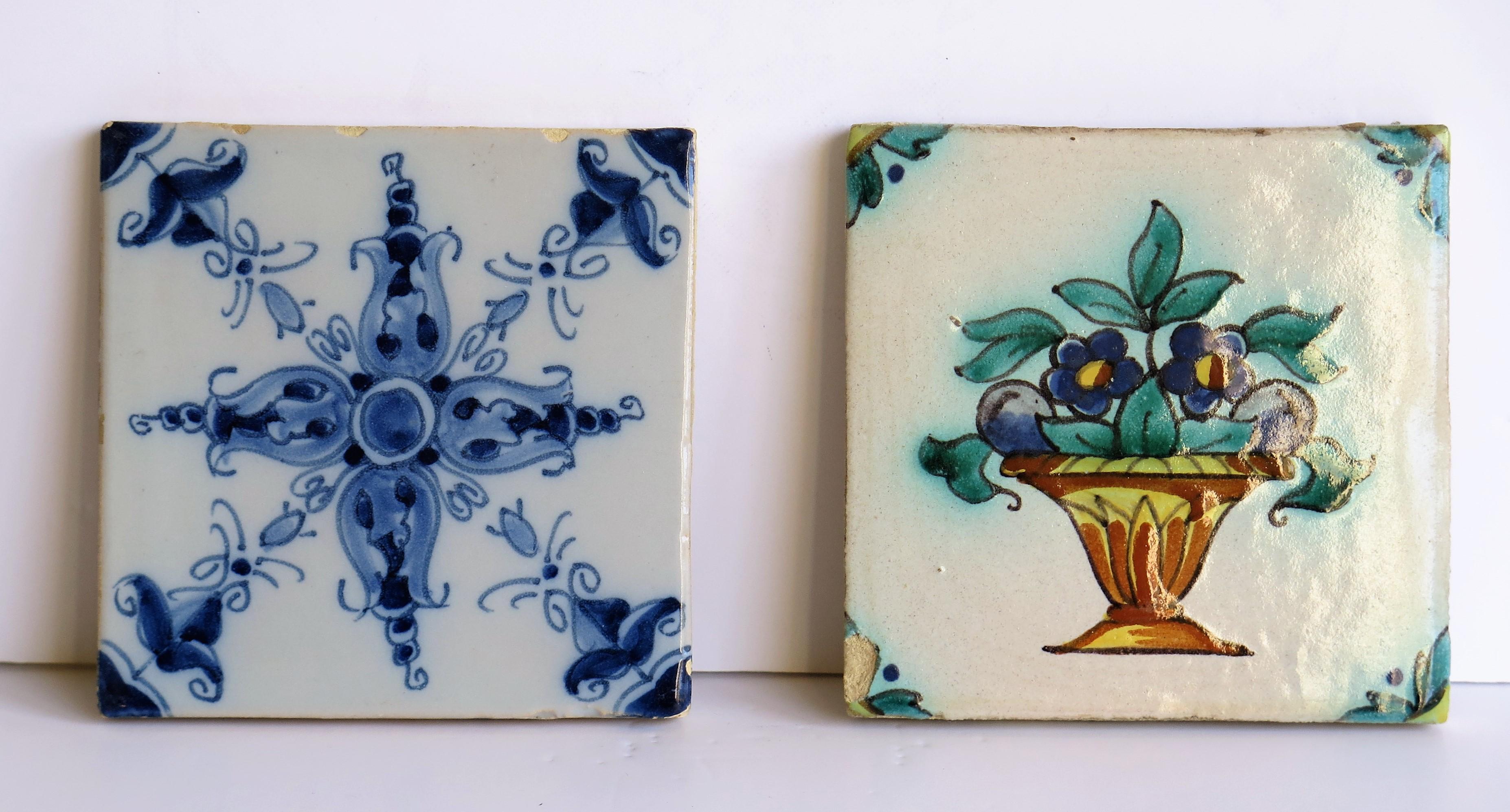 Hand-Painted Two 19th Century Dutch Delft Ceramic Wall Tiles Hand Painted Floral Patterns