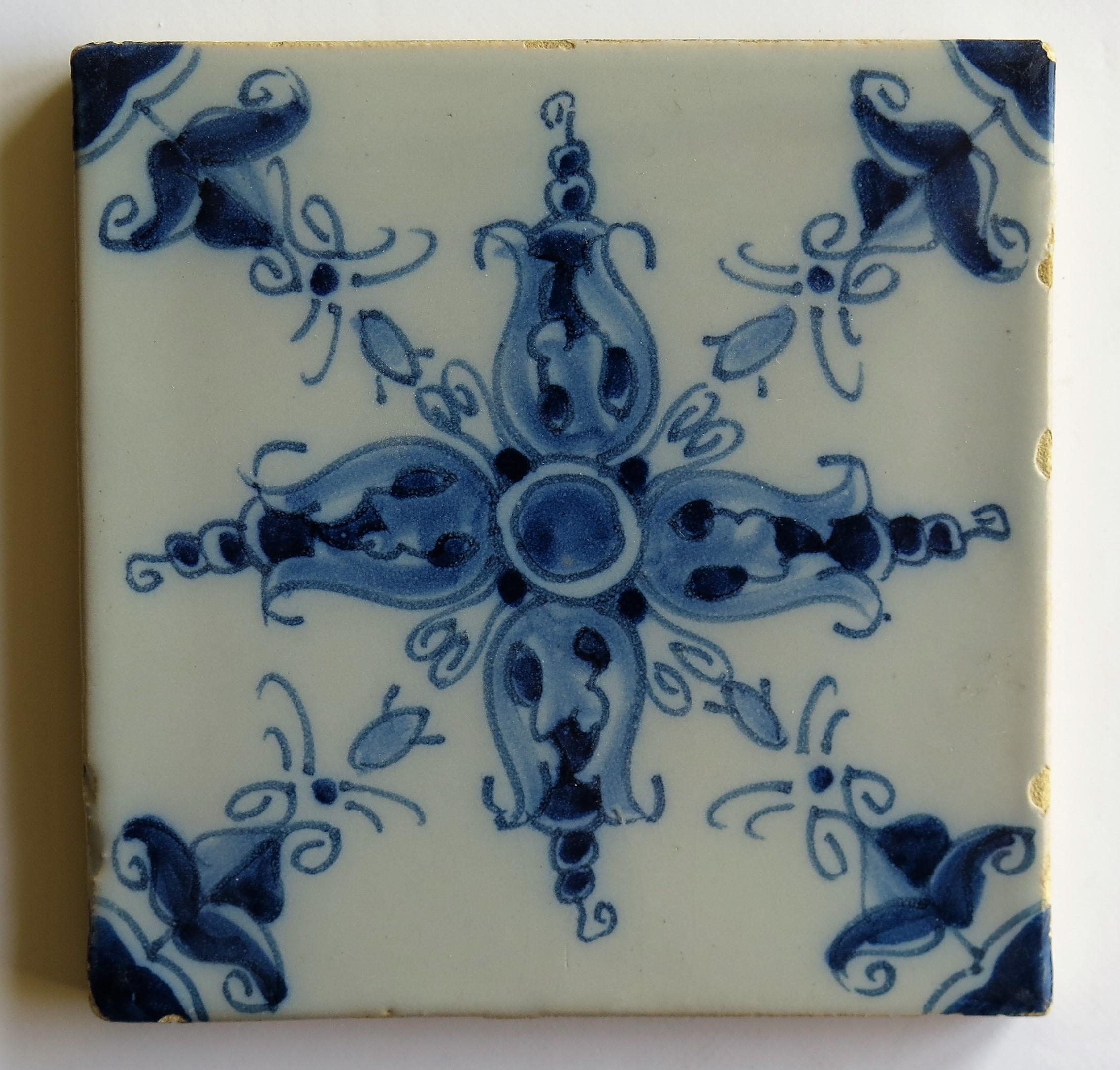 Two 19th Century Dutch Delft Ceramic Wall Tiles Hand Painted Floral Patterns 3