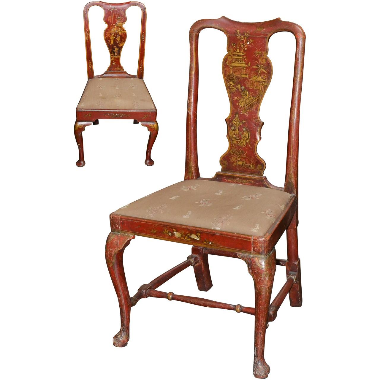 Two 19th Century English Red Chinoiserie Side Chairs