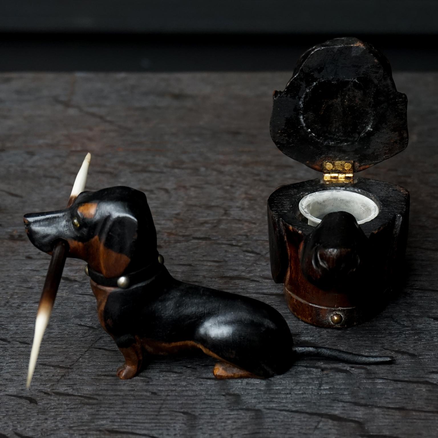 Brass Two 19th Century English Walnut Carved Victorian Dachshund Wiener Dog Inkwells For Sale