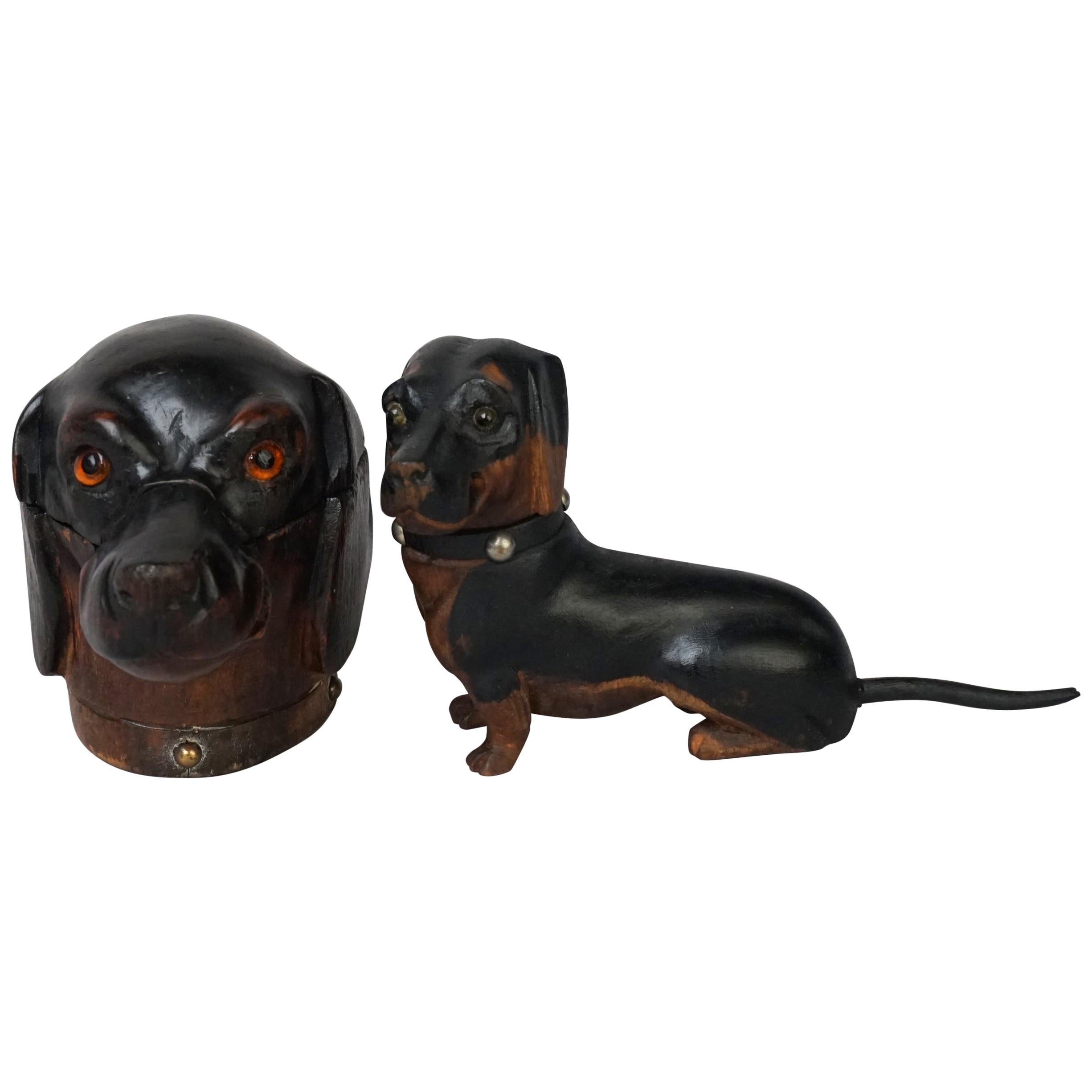 Two 19th Century English Walnut Carved Victorian Dachshund Wiener Dog Inkwells For Sale