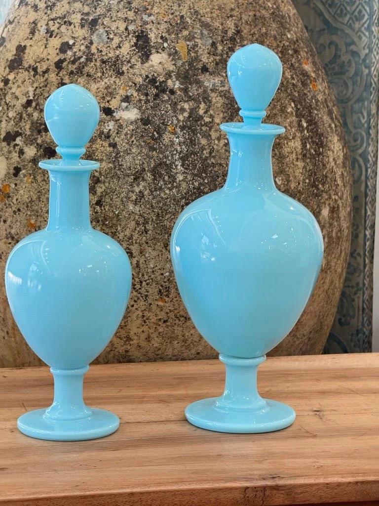 Two 19th Century French blue opaline apothecary bottles In Good Condition For Sale In Charlottesville, VA