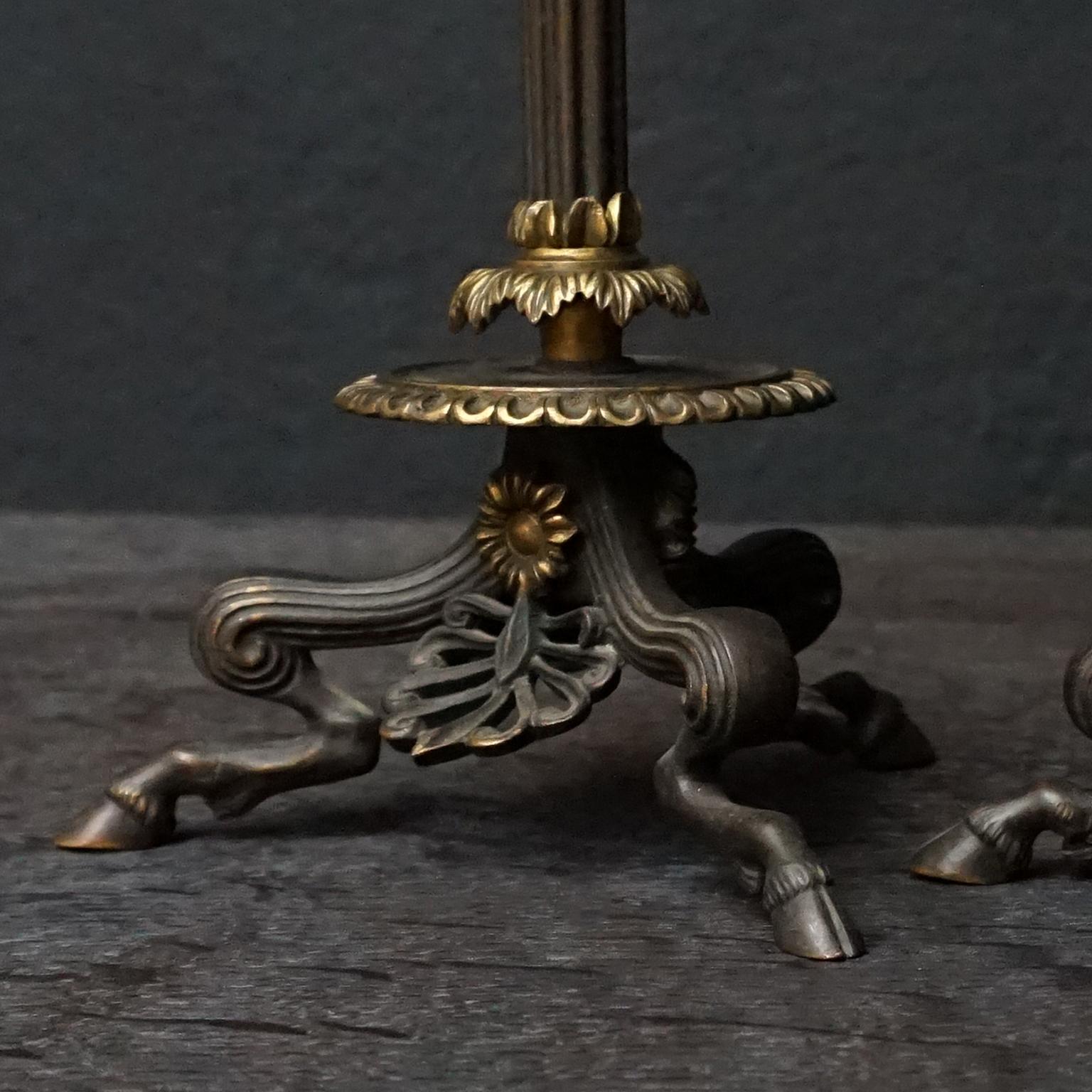 Two 19th Century French Bronze Partially Gilt Candlesticks on Hoofed Faun Feet For Sale 6