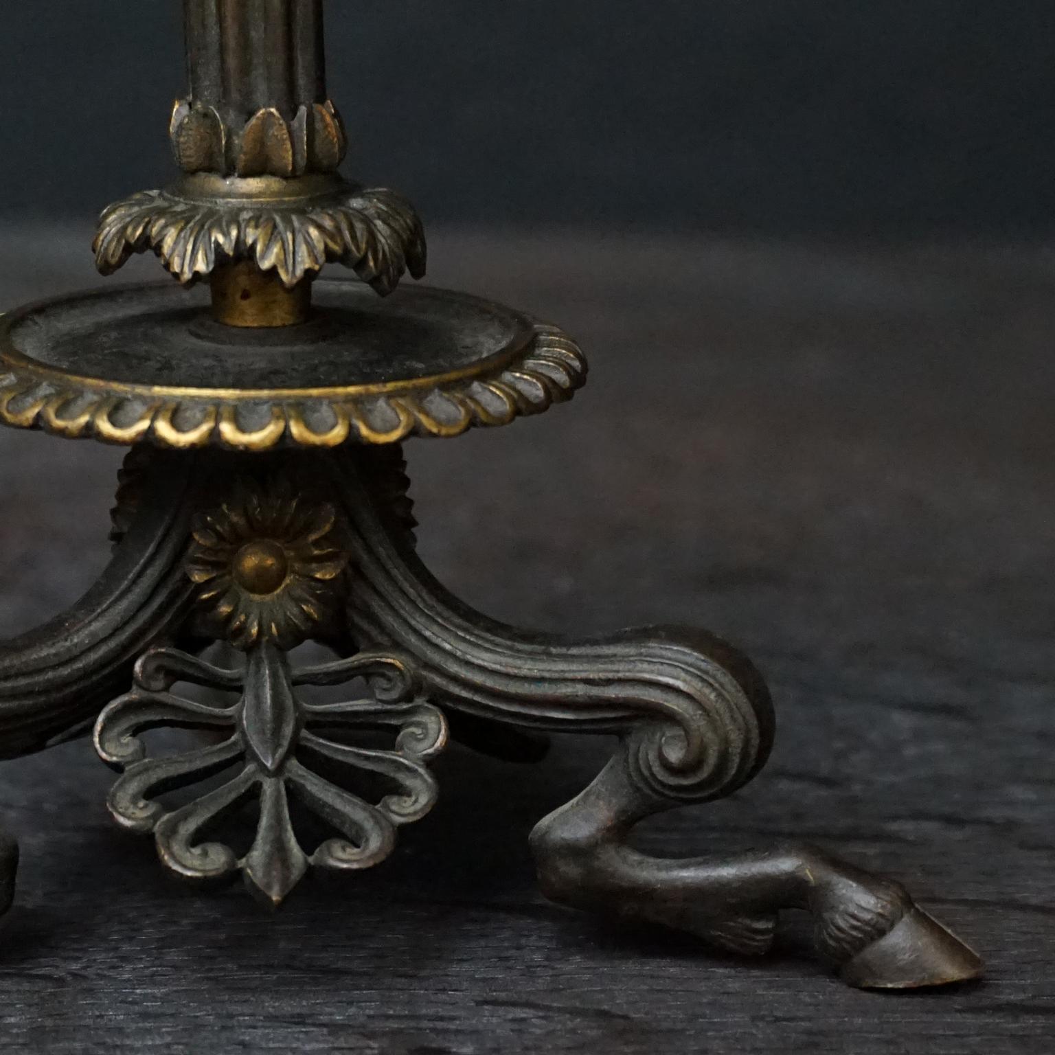 Two 19th Century French Bronze Partially Gilt Candlesticks on Hoofed Faun Feet For Sale 9