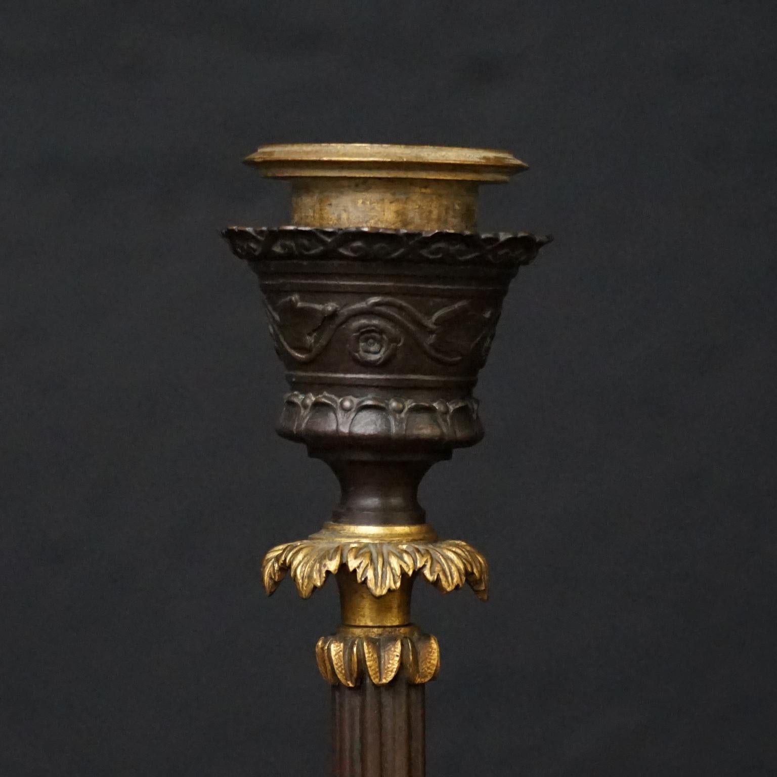 Empire Two 19th Century French Bronze Partially Gilt Candlesticks on Hoofed Faun Feet For Sale