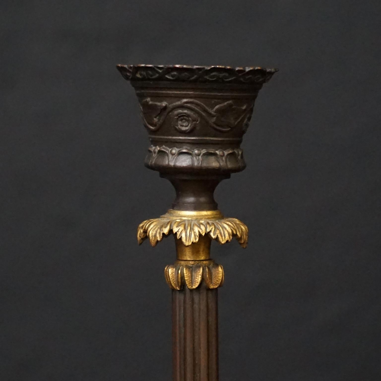 Two 19th Century French Bronze Partially Gilt Candlesticks on Hoofed Faun Feet For Sale 1