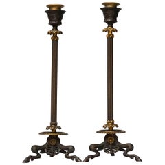 Two 19th Century French Bronze Partially Gilt Candlesticks on Hoofed Faun Feet
