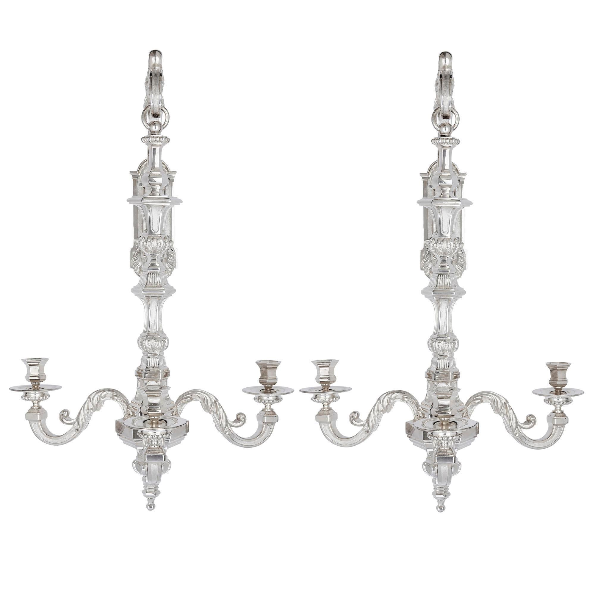 Silvered Two 19th Century French Neoclassical Style Three-Branch Wall Lights