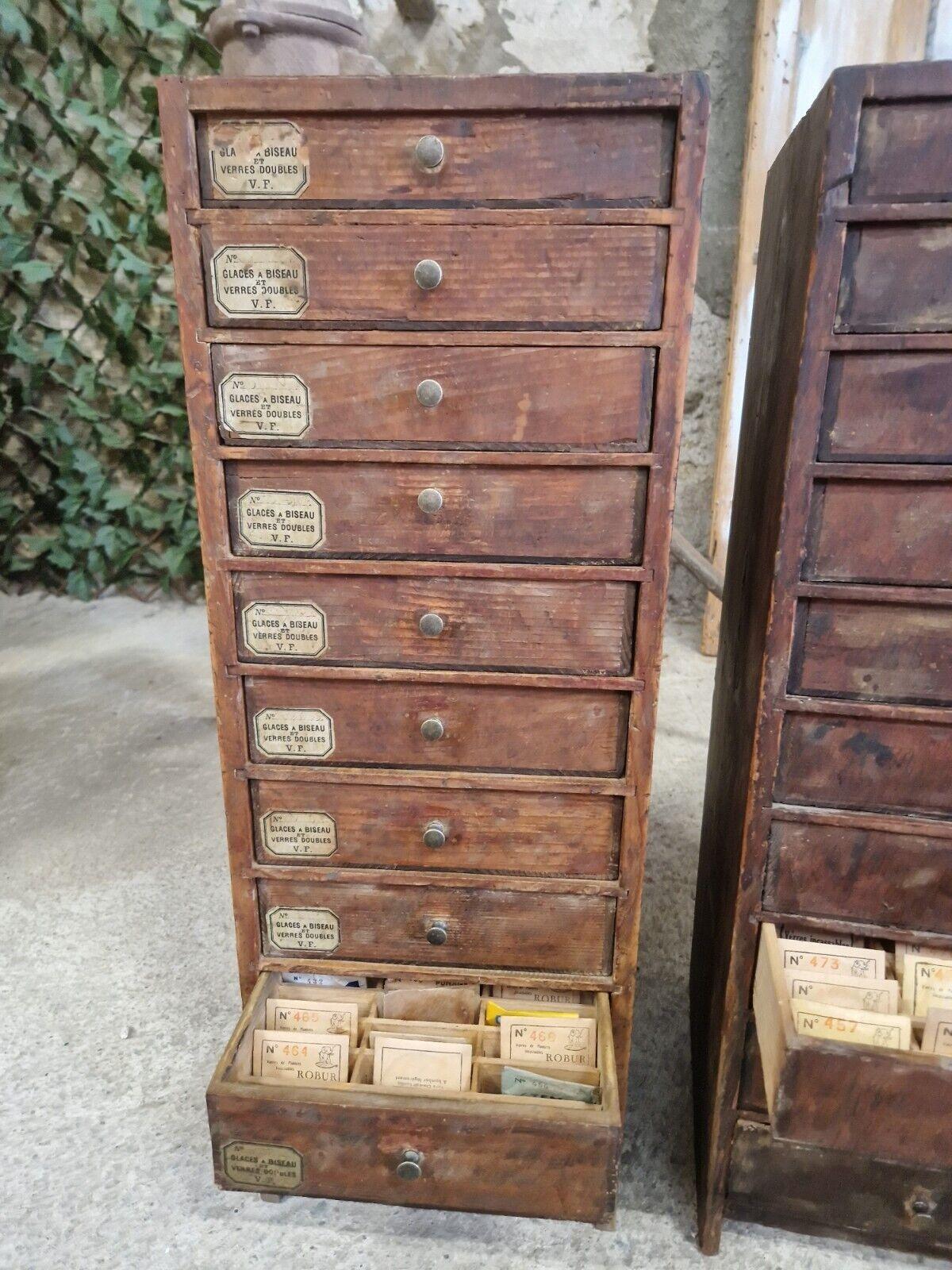 
This pair of antique French watch makers dressers are a rare find for collectors of Industrial memorabilia. Made in the 19th century, this drawers have a unique design, there are 10 drawers to each chest and some drawers have the original labels.