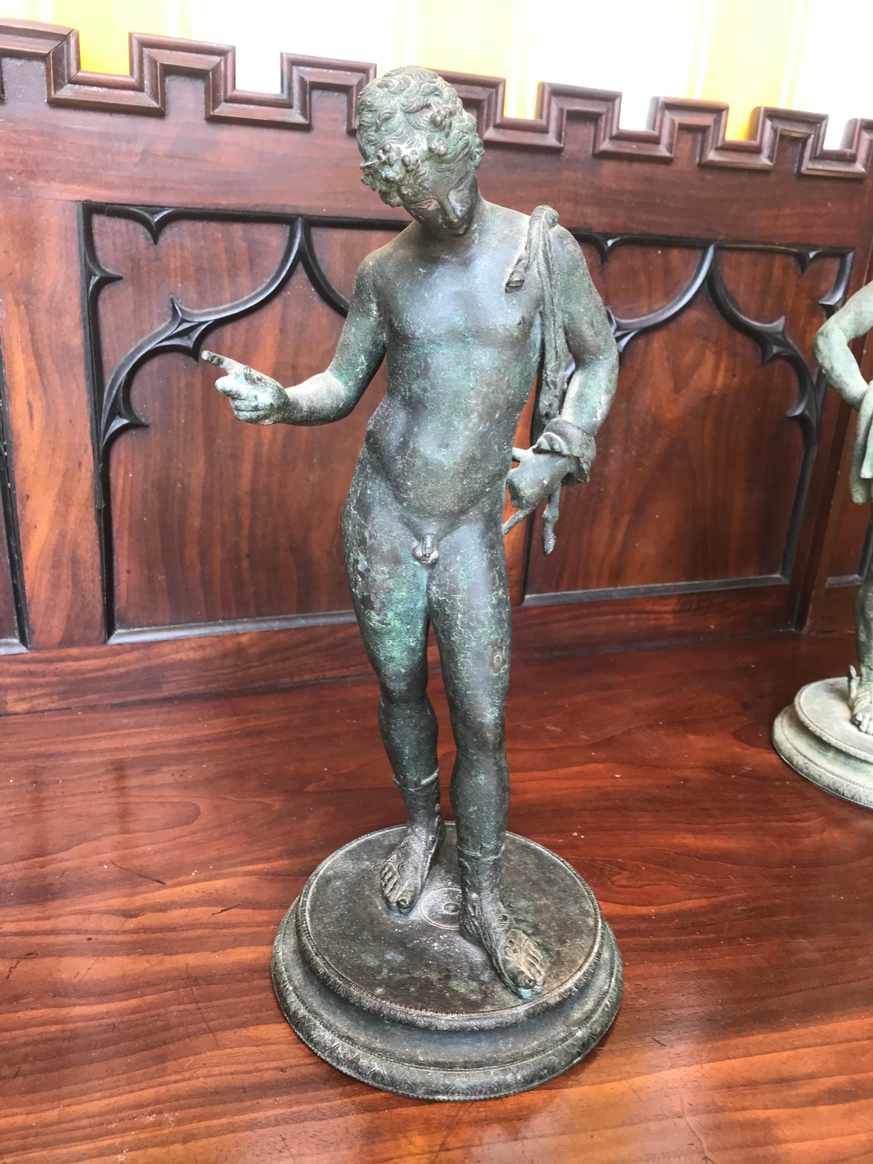 Two 19th century Grand Tour patinated bronze statue sculptures of Roman Gods.

- Dionysus
- Mercury
- Neapolitan Bronze Foundry after the excavation of Pompeii and Herculaneum.